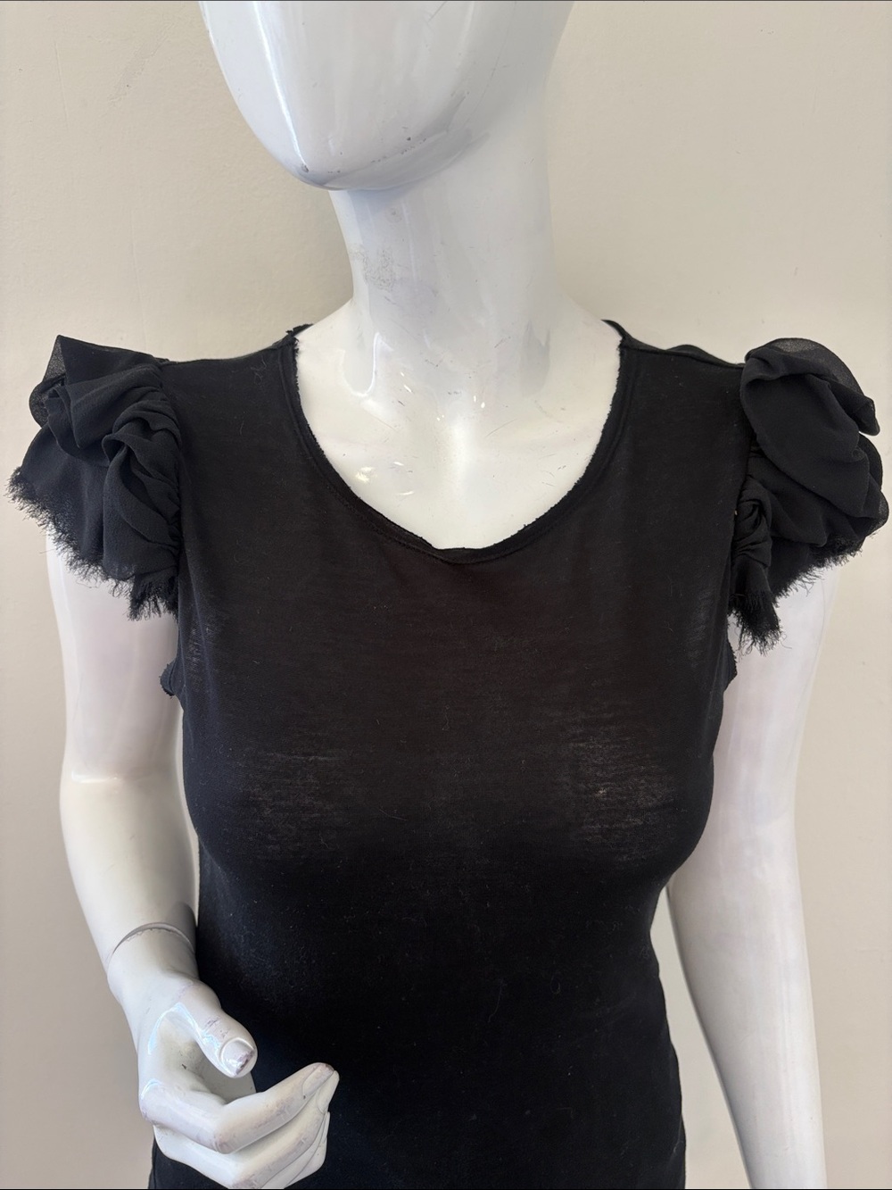 Alice + Olivia Black Short-Sleeve Tee w Silk Ruffle Puff-Shoulder Sleeves
